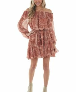 Aakaa Ginger Boho Print Off Shoulder Flounce Dress