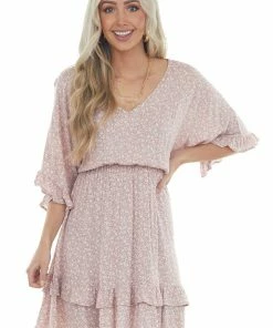 Ces Femme Dusty Blush Ditsy Floral Tiered Ruffled Short Dress Dresses