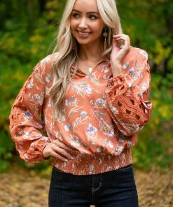 Easel Tops Ginger Floral Cut Out Lace Sleeve Tie Blouse