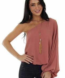 Main Strip Ginger One Shoulder Elastic Hem Flowy Blouse Tops
