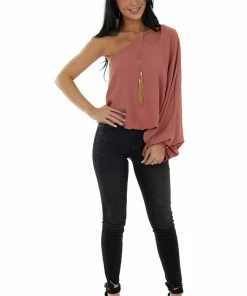 Main Strip Ginger One Shoulder Elastic Hem Flowy Blouse Tops