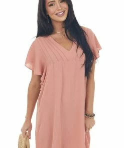 Umgee Ginger Pintuck Flutter Sleeve Shift Dress