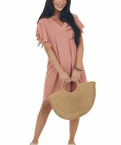 Umgee Ginger Pintuck Flutter Sleeve Shift Dress