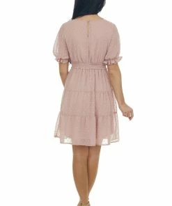 143 Story Dusty Blush Puff Sleeve Tiered Swiss Dot Mini Dress Dresses