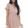 143 Story Dusty Blush Puff Sleeve Tiered Swiss Dot Mini Dress Dresses