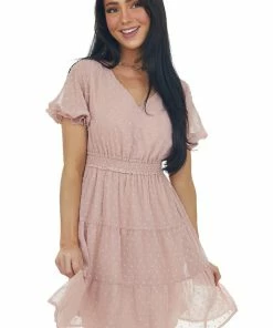 143 Story Dusty Blush Puff Sleeve Tiered Swiss Dot Mini Dress Dresses