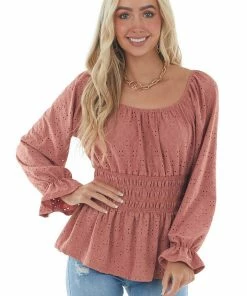 Hailey & Co Ginger Square Neck Eyelet Lace Long Sleeve Top Tops