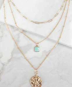 WALL TO WALL Gold Layered Necklace With Coin And Turquoise Pendant Detail
