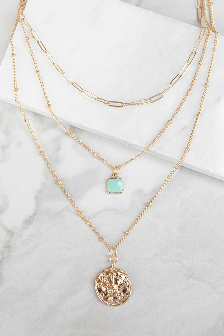 WALL TO WALL Gold Layered Necklace With Coin And Turquoise Pendant Detail 3 WALL TO WALL Gold Layered Necklace With Coin And Turquoise Pendant Detail
