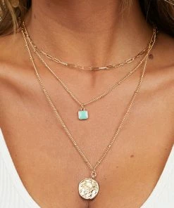 WALL TO WALL Gold Layered Necklace With Coin And Turquoise Pendant Detail