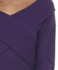 BiBi Tops Grape Criss Cross Brushed Waffle Knit Top