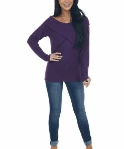 BiBi Tops Grape Criss Cross Brushed Waffle Knit Top