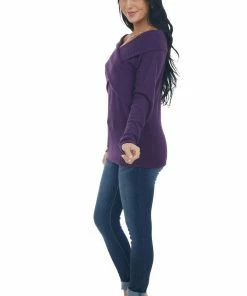 BiBi Tops Grape Criss Cross Brushed Waffle Knit Top