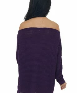 BiBi Grape Off Shoulder Long Sleeve Waffle Top