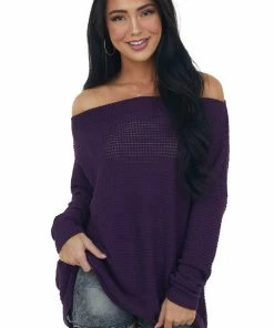 BiBi Grape Off Shoulder Long Sleeve Waffle Top