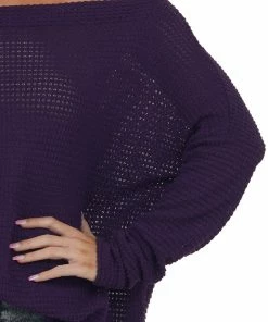 BiBi Grape Off Shoulder Long Sleeve Waffle Top