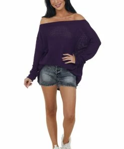 BiBi Grape Off Shoulder Long Sleeve Waffle Top