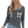 Hailey & Co Graphite Camo Contrast Long Sleeve Knit Top Tops