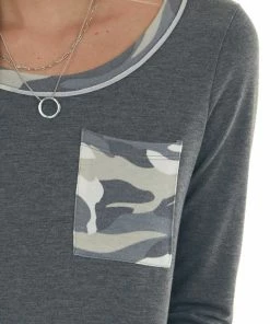 Hailey & Co Graphite Camo Contrast Long Sleeve Knit Top Tops