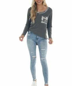 Hailey & Co Graphite Camo Contrast Long Sleeve Knit Top Tops