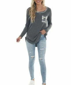Hailey & Co Graphite Camo Contrast Long Sleeve Knit Top Tops