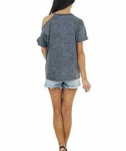 Mustard Seed Tops Graphite Mineral Washed Short Sleeve Cold Shoulder Knit Tee