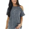 Mustard Seed Tops Graphite Mineral Washed Short Sleeve Cold Shoulder Knit Tee