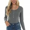 Vanilla Bay Graphite Ribbed Knit Long Sleeve Bodysuit Tops