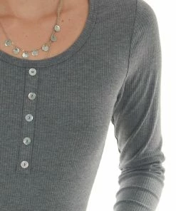 Vanilla Bay Graphite Ribbed Knit Long Sleeve Bodysuit Tops