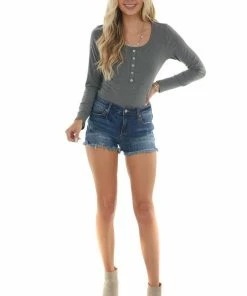 Vanilla Bay Graphite Ribbed Knit Long Sleeve Bodysuit Tops