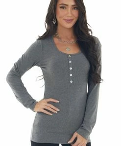 Vanilla Bay Graphite Ribbed Long Sleeve Henley Top