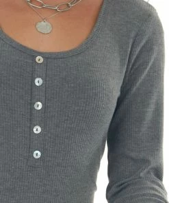 Vanilla Bay Graphite Ribbed Long Sleeve Henley Top