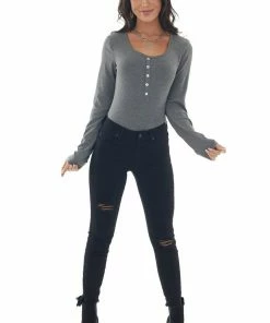 Vanilla Bay Graphite Ribbed Long Sleeve Henley Top