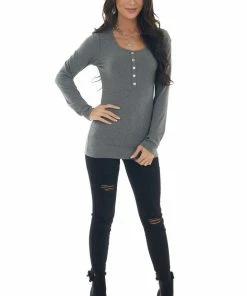 Vanilla Bay Graphite Ribbed Long Sleeve Henley Top