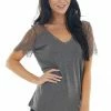 AND THE WHY Tops Graphite Short Sleeve V Neck Knit Top With Lace Details