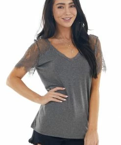 AND THE WHY Tops Graphite Short Sleeve V Neck Knit Top With Lace Details