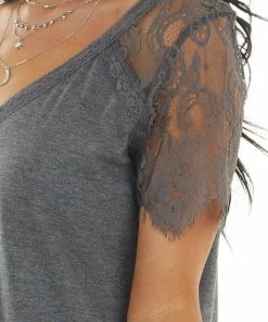 AND THE WHY Tops Graphite Short Sleeve V Neck Knit Top With Lace Details