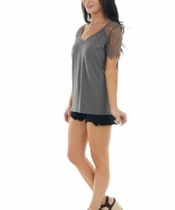 AND THE WHY Tops Graphite Short Sleeve V Neck Knit Top With Lace Details