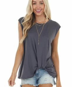 Haptics Graphite Sleeveless Knit Muscle Tank Top With Front Knot Tops