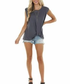 Haptics Graphite Sleeveless Knit Muscle Tank Top With Front Knot Tops