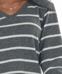 Now N Forever Tops Graphite Striped Brushed Knit V Neckline Top