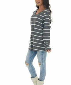 Now N Forever Tops Graphite Striped Brushed Knit V Neckline Top