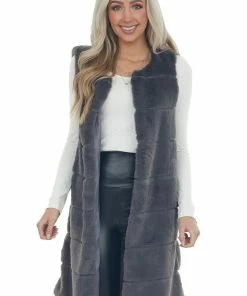 LE FEMME FASHION Graphite Tiered Faux Fur Duster Length Vest