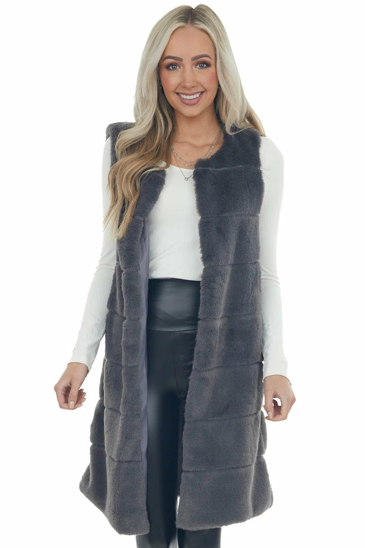 LE FEMME FASHION Graphite Tiered Faux Fur Duster Length Vest 3 LE FEMME FASHION Graphite Tiered Faux Fur Duster Length Vest