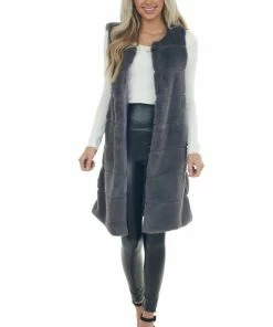 LE FEMME FASHION Graphite Tiered Faux Fur Duster Length Vest