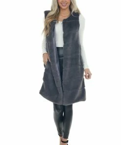 LE FEMME FASHION Graphite Tiered Faux Fur Duster Length Vest 22 LE FEMME FASHION Graphite Tiered Faux Fur Duster Length Vest