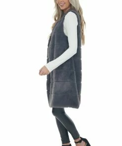 LE FEMME FASHION Graphite Tiered Faux Fur Duster Length Vest 25 LE FEMME FASHION Graphite Tiered Faux Fur Duster Length Vest