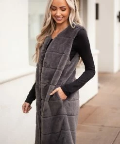 LE FEMME FASHION Graphite Tiered Faux Fur Duster Length Vest 28 LE FEMME FASHION Graphite Tiered Faux Fur Duster Length Vest