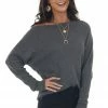 First Love Graphite Waffle Knit Boat Neck Long Cuff Top