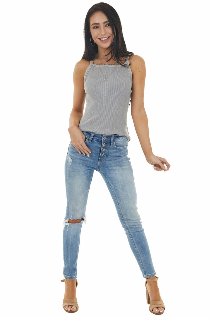 Kori America Grey Mineral Wash Ribbed Knit Tank Top With Halter Neckline Tops 7 Kori America Grey Mineral Wash Ribbed Knit Tank Top With Halter Neckline Tops